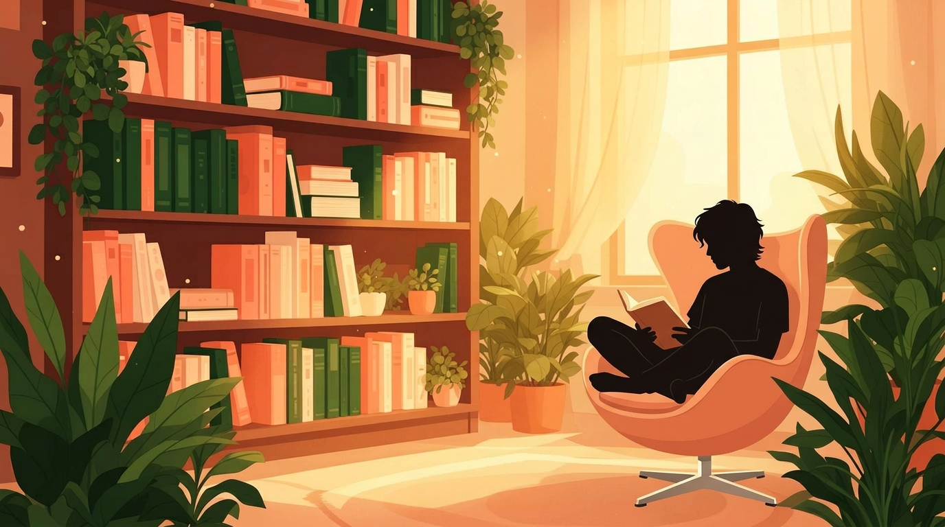 Bibliothèque illustrée chaleureuse avec étagères colorées, plantes et lumière de fenêtre